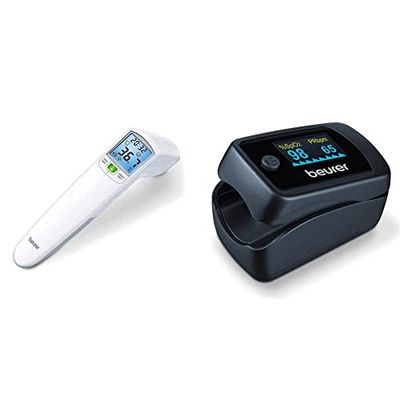 Beurer FT 100 Thermomètre sans Contact & Oxymètre de pouls PO 45, mesure de la saturation en oxygène (SpO₂), de la fréquence cardiaque (pouls) et de l'indice de perfusion (IP), écran couleur