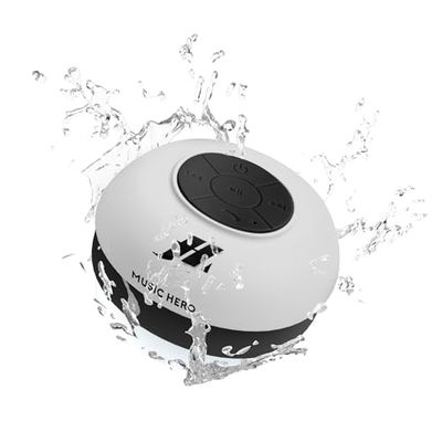 Music Hero Speaker 3W con ventosa, tasti per musica e chiamate, microfono integrato e vivavoce, protetto dall'acqua per utilizzo in doccia, bagno, piscina e cucina, colore bianco