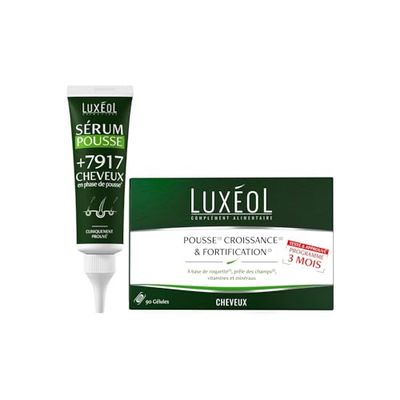 LUXEOL - Sérum Pousse 50 ml + Complément Alimentaire Cheveux Pousse Croissance & Fortification (Programme 3 Mois, 90 Gélules) - Augmente Densité Capillaire & Favorise La Pousse(1) - Fabriqué En France