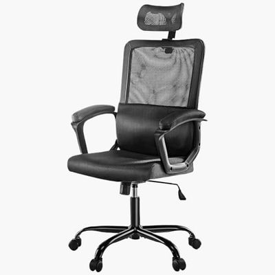 SURFOU Ergonomische bureaustoel met leren armleuningen, draaistoel, hoog netweefsel, rugleuning en extra kussen, in hoogte verstelbare bureaustoel met wielen