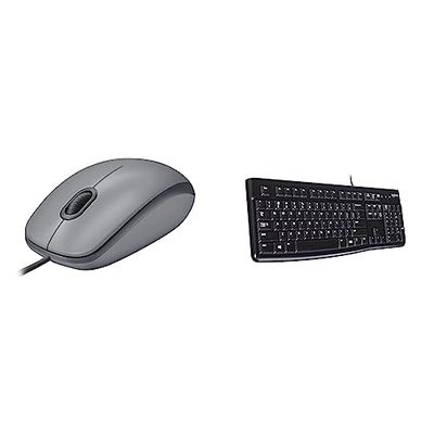 Logitech M110 Mouse USB cablato, pulsanti silenziosi, design confortevole - Grigio & K120 Tastiera con Cavo per Windows, USB Plug-and-Play, Dimensioni Standard, Nero