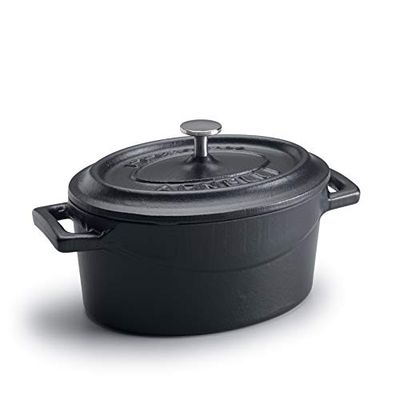 Pentole Agnelli oval gryta med två handtag, diameter – 22 cm, matt svart, gjutjärn, 4,8 liter