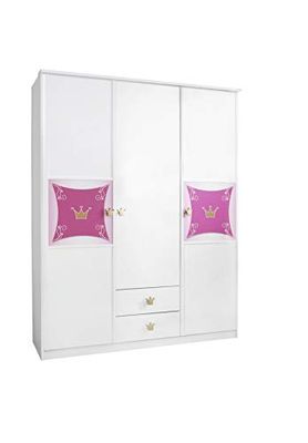 Rauch Möbel Kate Armoire de Porte Tournante, Motif Princesse, Rose, Doré, 3 Portes avec 2 Tiroirs, Comprend Un Ensemble d'Accessoires de Base, 2 Tringles à Linge, 4 Étagères Lxhxp 136X199X56 Cm