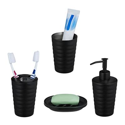 Relaxdays Badrumsset, 4 delar, tvåldispenser, tvålskål, tandborstkopp, tandborsthållare, rostfritt stål, svart