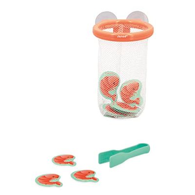 Janod - Shrimp Catcher - Babies’ Bath Toy - 12 Shrimp + 1 Tongs + 1 Suction Basket - Early-Learning Toy - 24 Months +, J04730, Salmon Pink / Turquoise