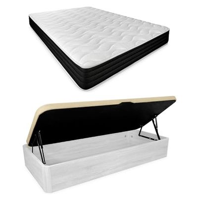 DUÉRMETE ONLINE Pack Matelas viscoélastique Pocket Visco + sommier Rabattable Grande capacité avec Ouverture latérale, Bois, Gris Polaire, 105 x 190 cm