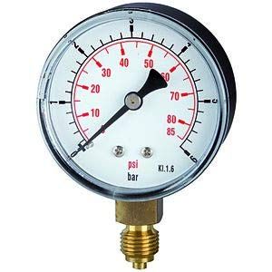 standaardmano. »pressure line«, plaatstalen frame, aansluiting radiaal onder, G 1/4, kwaliteitsklasse 1,6, meter. -1/0 bar / -14,5 psi, Ø 63