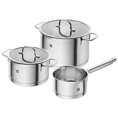 ZWILLING TrueFlow - Juego de 3 cacerolas con función de vertido para inducción (acero inoxidable), color plateado