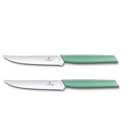 Victorinox Swiss Modern, Set di Coltelli da Bistecca Professionali, Lama Affilata, Lama Seghettata, 12 cm, Manico in Plastica Robusta, Acciaio Inossidabile, Verde Menta, 2 Pezzi