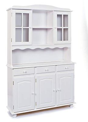 Inter Link – Vaisselier en pin massif – Bahut – Buffet haut - Vaisselier avec vitrines – Grande capacité de rangements – Rustique - 3 portes – Siena – Vernis blanc