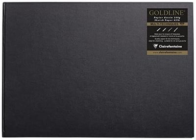 Clairefontaine 34242C Carnet Cousu Goldline - 64 Feuilles Papier Dessin Blanc - A3 29,7x42 cm 140g - Format Paysage - Couverture Rigide Noire Imitation Toile