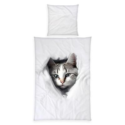 Herding Kattenbeddengoed, kussensloop ca. 80 x 80 cm, dekbedovertrek ca. 135 x 200 cm, met soepele ritssluiting, 100% katoen-renforcé