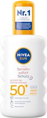 NIVEA SUN Sensitiv Omedelbart skydd solspray anti-solallergi SPF 50+ (200 ml), närande solspray för känslig hud, solmjölk som en praktisk spray