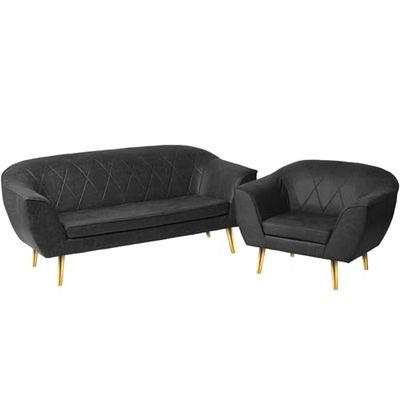 Conjunto de Muebles de salón en Polipiel: Sofa 2 plazas y sillón con Patas en Oro Gris - en Polipiel, con Patas de Metal para facilitar el Montaje - sillón y sofá para salón, despacho