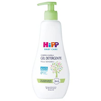 HiPP Baby Care Reinigingsgel voor baby's, reinigt zacht lichaam en babyhaar, zonder tranen, voor de gevoelige huid, met natuurlijk biologisch amandelextract, 1 x 400 ml fles
