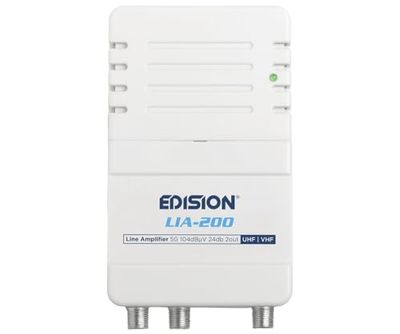 EDISION LIA-200 Amplificador Interior de Vivienda UHF/VHF, 12-24db Ajustable, 104dBmV, para Digitale Terrestre DVB-T/T2, con Filtro 5G LTE, 1 Entrada, 2 Salidas