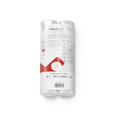 Magic vac, 2 Rotoli Sottovuoto per Alimenti 30x600cm Rigati e Brevettati, Multistrato e Resistenti, in Materiale Privo di BPA Adatto al Contatto con gli Alimenti, Made in Italy