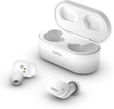 Belkin Écouteurs True Wireless SoundForm (écouteurs Bluetooth pour iPhone, Samsung, Google, contrôle tactile, étui de recharge, 24 heures d’écoute, isolation du bruit, résistants à l’eau, blanc)