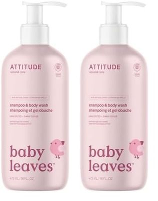 ATTITUDE 2-in-1 Hair Shampoo and Body Wash for Baby, Plant and Mineral-Based Gentle Formula, EWG Verified, Vegan Baby Products, Unscented, 473 mL (Pack of 2)