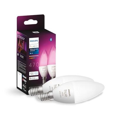 Philips Hue White and Color Ambiance, Lampadina Smart LED, Attacco E14, Luce Bianca o Colorata, 4W, confezione da 2