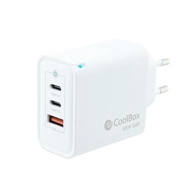 Caricabatterie da parete GAN 65 W con porte USB-C e USB-A, ideale per la ricarica di dispositivi mobili e laptop in modo rapido ed efficiente.