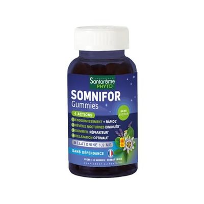 Santarome Bio - Somnifor - Gummies Sommeil - Mélatonine 1,9 mg, Plantes et Huiles Essentielles - Endormissement rapide, sommeil réparateur - 30 gummies SANS SUCRES - Végan - Made In France