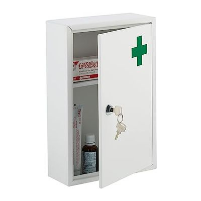 Relaxdays Armario Botiquín Puerta con Cruz, Cerradura, 2 Compartimentos, 32x21,5x8 cm, Caja Medicinas Colgante, Blanco, Hierro, 32 x 21.5 x 8 cm
