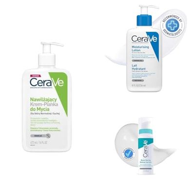 CeraVe: 1x Kremowy Olejek Myjący do Skóry Normalnej i Suchej (473ml) + 1x Nawilżający Balsam do Twarzy i Ciała do Skóry Suchej i Bardzo Suchej (236ml) + 1x Serum z Retinolem (30ml)