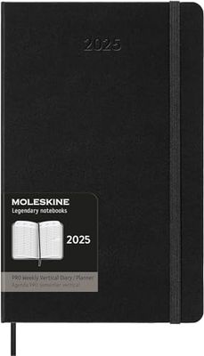 Moleskin Weekly Planner, Agenda Hebdomadaire Vertical Pro 12 Mois 2025, Couverture Rigide et Fermeture Élastique, Couleur Noir, Format Large 13x21 cm