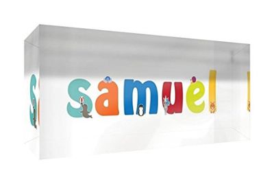 Little Helper Souvenir Décoratif en Acrylique Transparent Poli comme Diamant Style Illustratif Coloré avec le Nom de Jeune Garçon Samuel 5 x 21 x 2 cm Grand