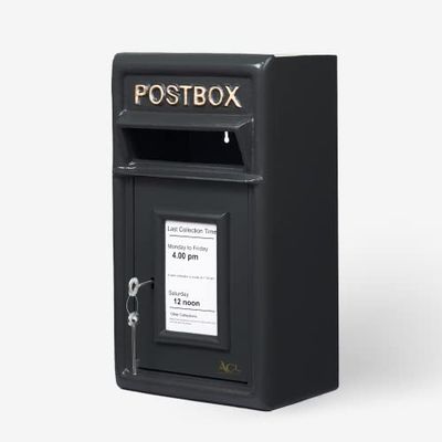 Assorted Collections Wall Mounted Post Box Classic Black Large Letter Box Lockable With 2 Keys, Heavy Duty Cast Iron Mail Box for Home Weatherproof Easy To Install, 24 x 17 x 44 cm, 11.8 kg