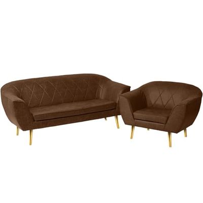 Conjunto de Muebles de salón en Polipiel: Sofa 2 plazas y sillón con Patas en Oro marrón - en Polipiel, con Patas de Metal para facilitar el Montaje - sillón y sofá para salón, despacho