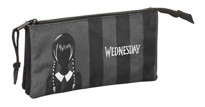 Safta Wednesday - Portatodo Triple, Estuche Infantil, Estuche Niño, Ideal para Niños en Edad Escolar, Cómodo y Versátil, Calidad y Resistencia, 22x3x12 cm, Color Negro