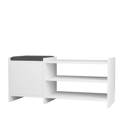 Banco zapatero 1 puerta con cojín acolchado tapizado en tela gris. Color Blanco. (Alto 44 cm/Ancho 100 cm/Fondo 35 cm)