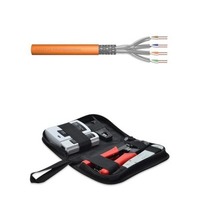DIGITUS Set: Cavo di installazione Cat-7 25 m + strumenti: crimpatura, installazione LSA, tester per cavi, strumenti di taglio e spelatura // Cavo Ethernet Cat.7 S-FTP PiMF Simplex 1200 MHz AWG 23/1