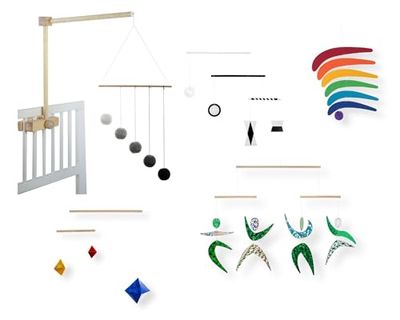 Set of 5 Montessori inspired mobiles with crib arm - Black and white mobile, Grey Gobbi, Dancers, Octahedron, Rainbow. Montessori mobile. Baby mobile. Hanging mobile. Crib toy.
