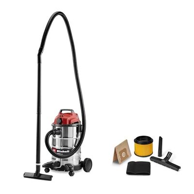 Einhell Aspirateur eaux et poussières TC-VC 3055 SA (900 W, 190 mbar, prise de courant asservie, cuve en inox de 30 l, roues et roulettes, avec accessoires, filtres et sac collecteur de poussière)