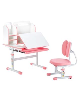 VEVOR Ensemble Chaise et Bureau pour Enfants, avec étagère et tiroir de Rangement, Table et Chaise d'étude, Hauteur réglable et inclinés de 0 à 40°, pour Lecture, pour Chambre et Salle d'étude, Rose
