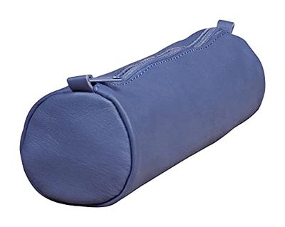 Clairefontaine - Ref 77023C - Age Bag Medium Lederen Ronde Etui - 21 x 6cm, Echt Lamsleer, Plantaardige Gelooide Kleurstof, Metalen Rits - Blauw