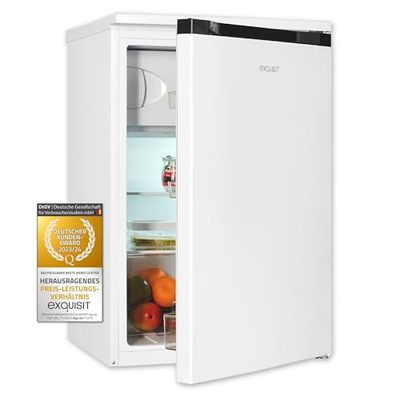 Exquisit® Frigorífico Table Top 107L, Blanco, Clase C, con Congelador 4 Estrellas, Puerta Reversible, Cajón Verdulero, Estantes de Cristal, Iluminación LED, Medidas (84,5 x 54,9 x 55,7 cm)