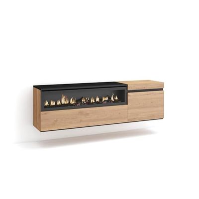 Skraut Home | Mueble TV | Televisión | Muebles de salón, almacenaje | 150x45x35cm | para TV hasta 65" | Chimenea eléctrica | Colgado, Suspendido | Estilo Moderno | Roble y Negro