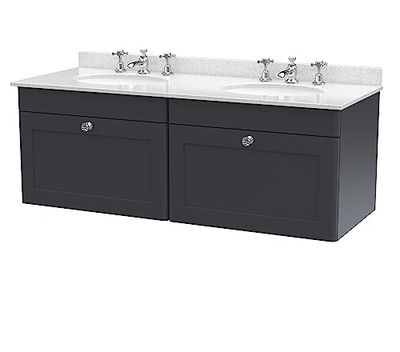 nuie CLC1494WR6 Classique Wall Hung 2 Drawer Unit & 3 Tap Hole Double Marble Top with Round Basin, 1200mm, Satin Anthracite/White, Soft Black