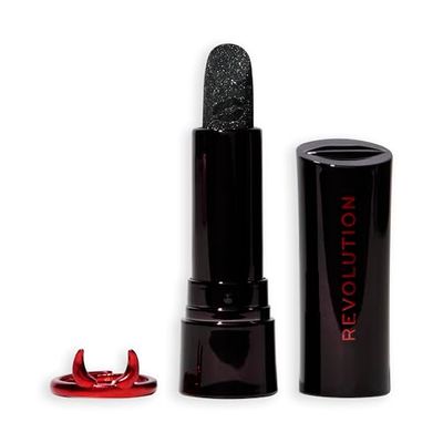 Revolution Beauty Truly Sinful Black Ring szminka do ust, makijaż na Halloween z błyszczącym brokatem