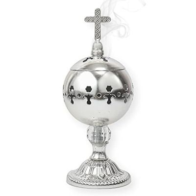 Nazareth Store - Incenso a forma di croce, in ottone lucido, in resina argentata, per chiesa cristiana e incenso a forma di croce, 20 cm