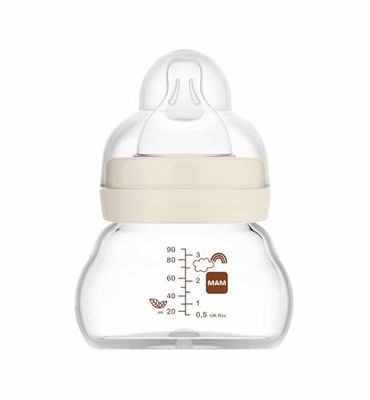 MAM Glazen fles voor pasgeborenen, 0 maanden, 90 ml, met speen 0, extra langzame siliconen vloeistof, gemakkelijk aan te nemen, gemakkelijk te reinigen, Feel Good, neutraal, 1 stuk