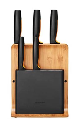 Fiskars Bloc en Bambou avec 5 Couteaux, Functional Form, Comprenant Couteau à Légumes, Couteau à Tomates, Couteau de Chef Santoku, Couteau de Chef et Couteau à Pain, Bambou/Plastique, Noir, 1057552