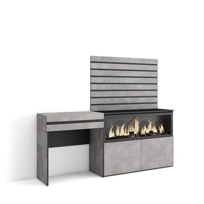 Skraut Home | Coiffeuse | Table Maquillage, Rangement | 177x145x35 cm | avec tiroir | Cheminée électrique XXL | Panneaux Muraux en Bois | Style Moderne | Ciment