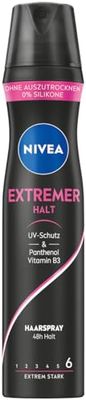 Nivea Extreme Hold Styling Spray, stärkande hårspray med pantenol och vitamin B3, tillförlitlig hårlack för styling med upp till 48 h stadga (stopp 6), vegansk vårdspray (250 ml)