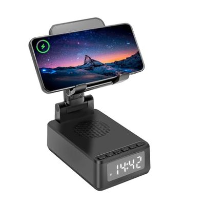 Carehabi 5-in-1 bluetooth-luidspreker met telefoonhouder, draadloze oplader, telefoonhouder met wekker, digitaal, cadeau voor mannen, papa, mama, vrouwen, verjaardagscadeau