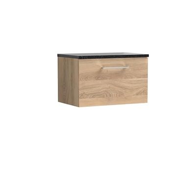 nuie ARN3022LSB Arno Modern Bathroom Wall Hung 1 Soft Close Drawer Vanity Unit and Sparkling Black Laminate Worktop, 600mm, Bleached Oak Woodgrain